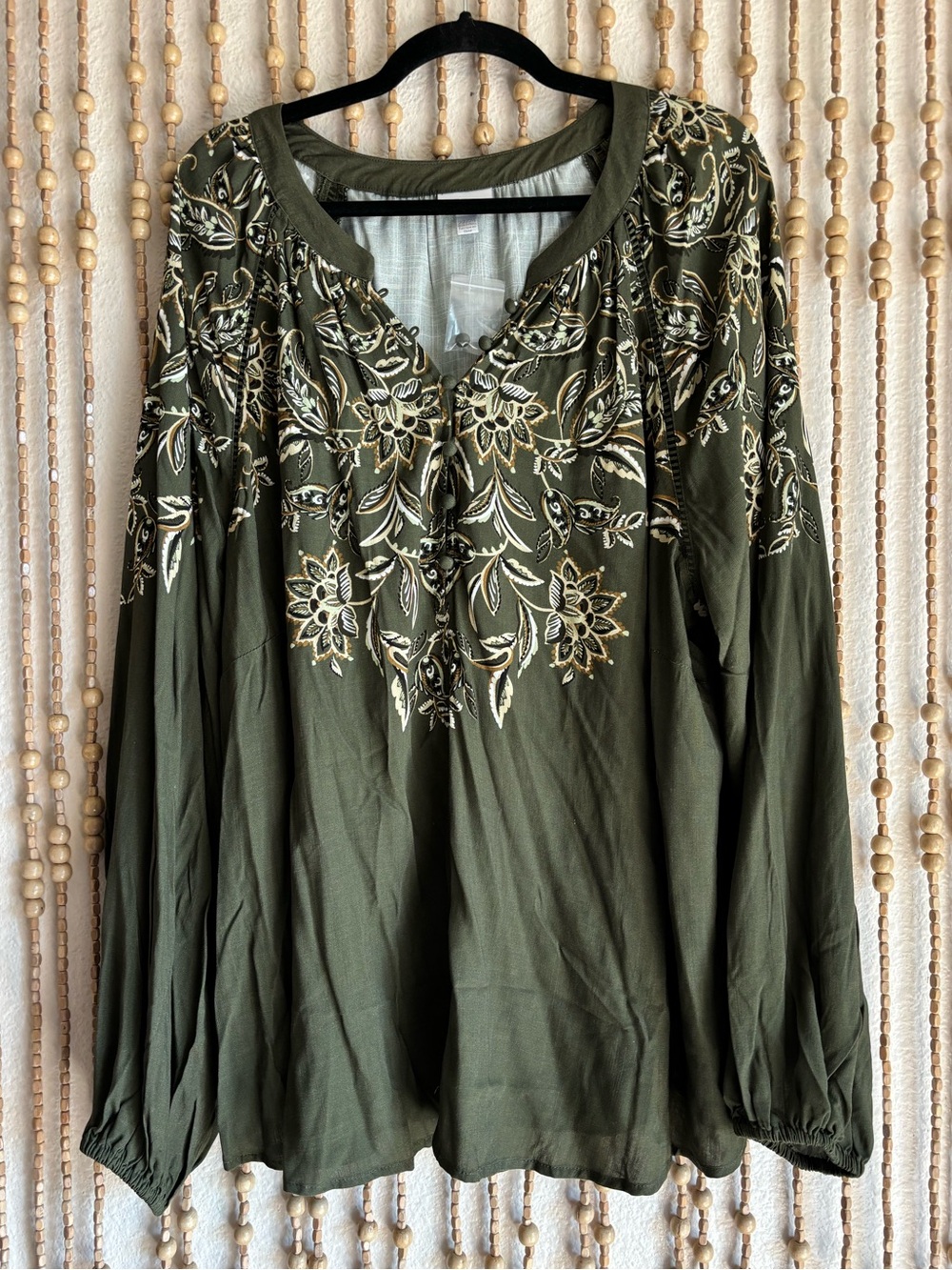 Avenue NWT Dark Green  Peasant Boho Floral Puff Long Sleeve V Neck Blouse Top